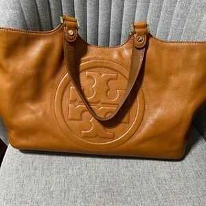Tory Burch Leather Tote Bag Brown Logo Zip Top Large